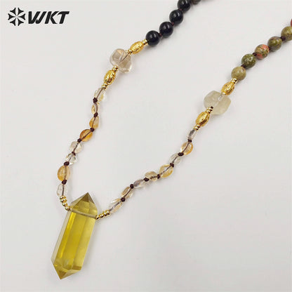 WT-N1414 WKT Lucky Handmade Energy Yellow Citrine Necklace 8mm Natural Stone Beads Necklace in 30 Inch Long Healing Necklace