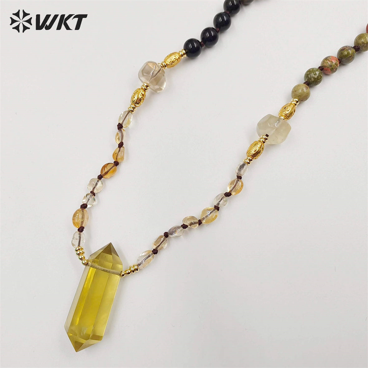WT-N1414 WKT Lucky Handmade Energy Yellow Citrine Necklace 8mm Natural Stone Beads Necklace in 30 Inch Long Healing Necklace