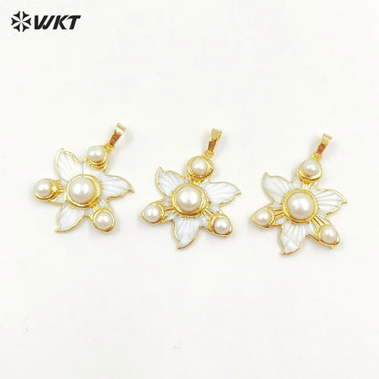 WT-JP394 New Arrivals Elegant and Gentle 18K Gold Plated Natural Flower Shell Round Pearl Pendant for Women Jewelry Accessories