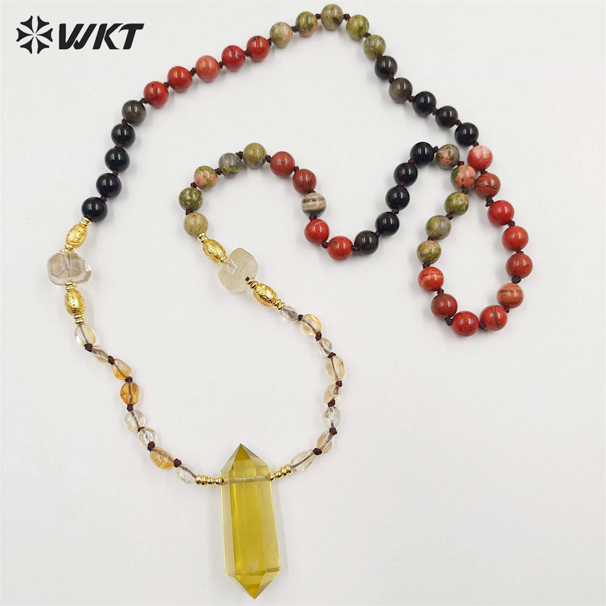 WT-N1414 WKT Lucky Handmade Energy Yellow Citrine Necklace 8mm Natural Stone Beads Necklace in 30 Inch Long Healing Necklace