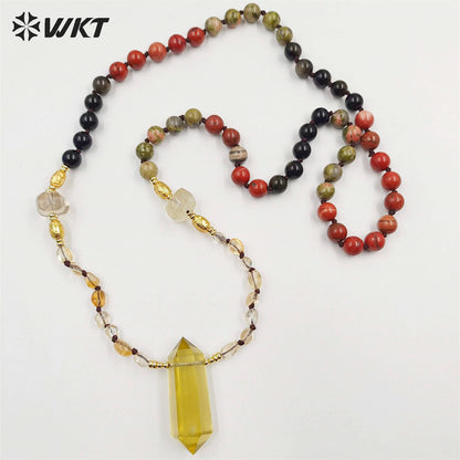 WT-N1414 WKT Lucky Handmade Energy Yellow Citrine Necklace 8mm Natural Stone Beads Necklace in 30 Inch Long Healing Necklace