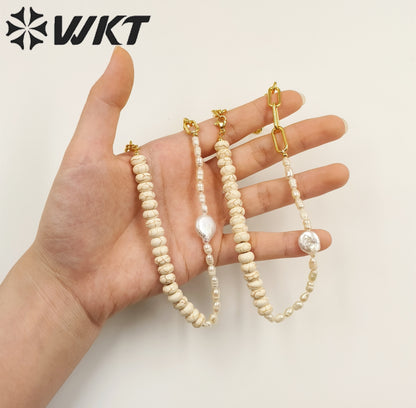 WT-JN243 Wholesale Vintage Trendy Turquoise and Pearl 18k Chain Gold Plated Elegant Exquisite High Quality Pendant Necklace