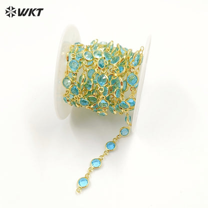 WT-RBC230 Super Hot 18K Real Gold Plated Aqua Crystal Round Beads Chain for Women Jewelry Necklace DIY Design Findings