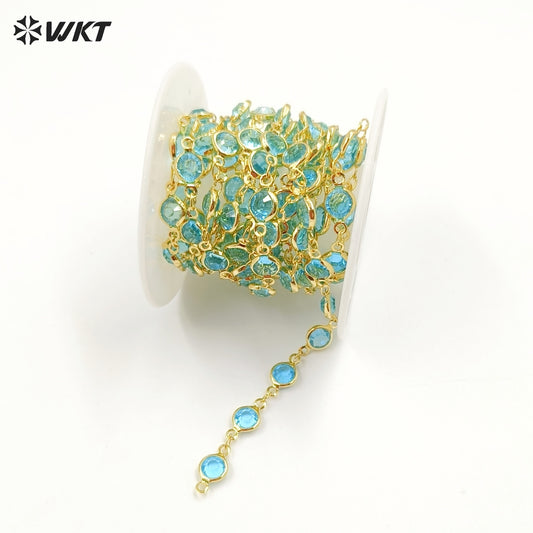 WT-RBC230 Super Hot 18K Real Gold Plated Aqua Crystal Round Beads Chain for Women Jewelry Necklace DIY Design Findings