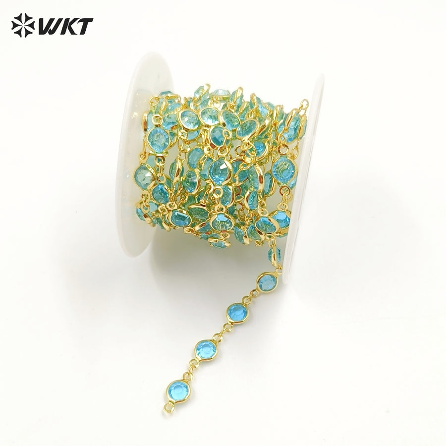 WT-RBC230 Super Hot 18K Real Gold Plated Aqua Crystal Round Beads Chain for Women Jewelry Necklace DIY Design Findings