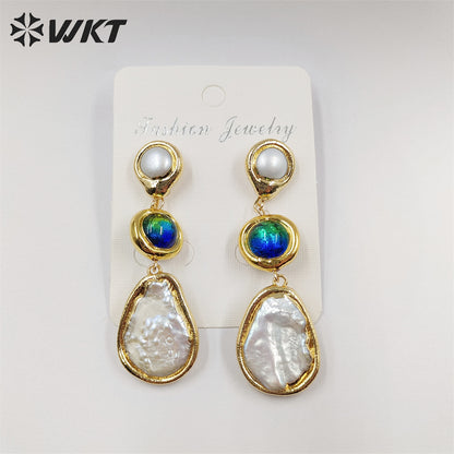 WT-MPE089 Gorgeous Fashion 18K Real Gold Plated Long Drop Freshwater Pearl Women Teardrop Earrings Handmade Dangle Earrings