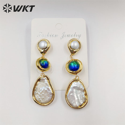 WT-MPE089 Gorgeous Fashion 18K Real Gold Plated Long Drop Freshwater Pearl Women Teardrop Earrings Handmade Dangle Earrings