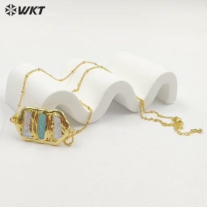 WT-JN136 Wholesale New Triple Stone Statement Necklace 18 Inch Long Gold Pearl and Stone Mix Birthday Gift Women Necklace