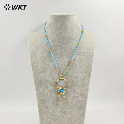 WT-N1452 Amazing Flame Color 3mm Beads Hand Strand With Natural Druzy Quartz Stone Pendant Fashion Boho Women Necklace
