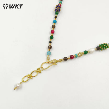 WT-JN264 Gorgeous 8MM Round Faceted Natural Agate and Baroque Pearl Lady Beads Necklace in 26 Inch Long
