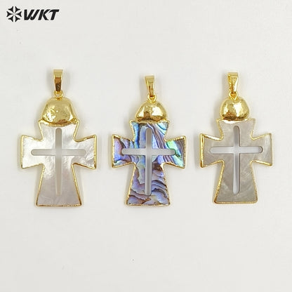 WT-JP422 Wholesale Vintage Style Natural Shell Gold Plated Cross Shape Middle Hollow Pendant For Unique Necklace Handmade