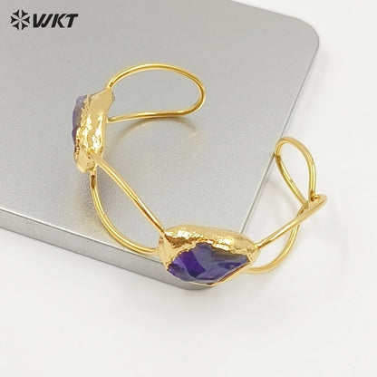 WT-B699 Wonderful Natural Gemstones Amethyst And Pearl Gold Plated Adjustable Size Bangles For Women Birthday Gift Free Shipping