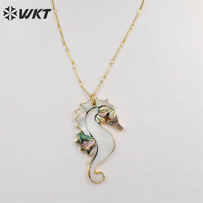 WT-N1069 WKT Wholesale New Fashion Stick Link Chain Jewelry Seahorse Shape Natural Abalone Shell Necklace