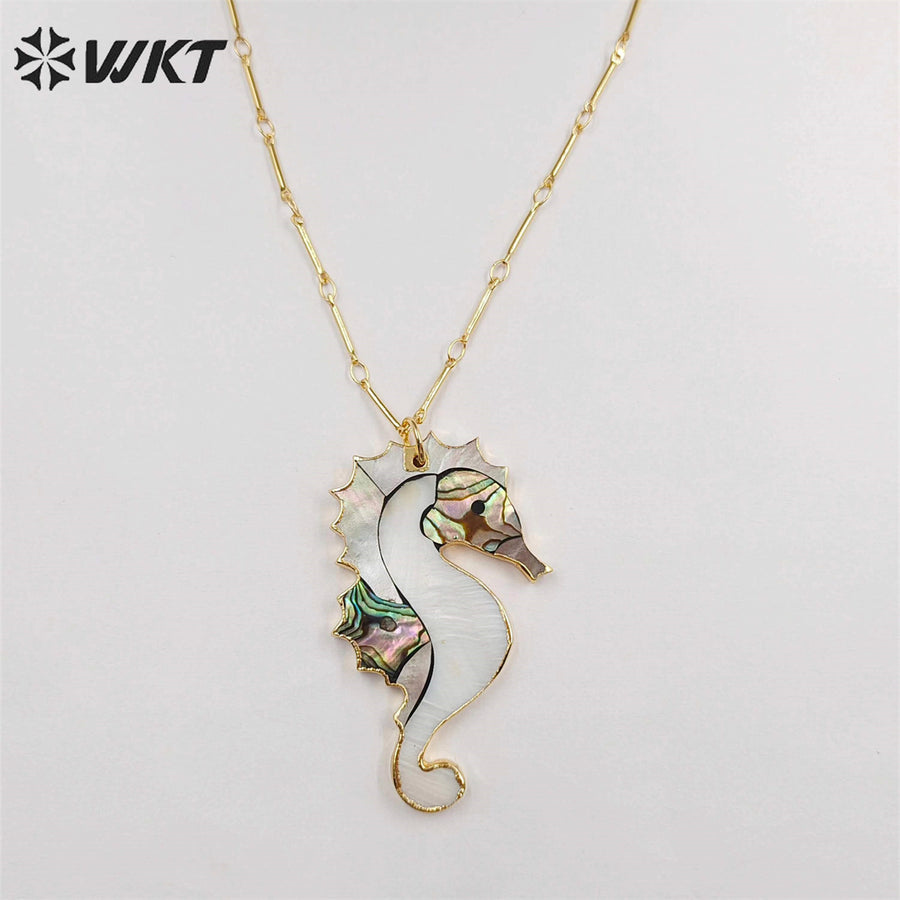 WT-N1069 WKT Wholesale New Fashion Stick Link Chain Jewelry Seahorse Shape Natural Abalone Shell Necklace