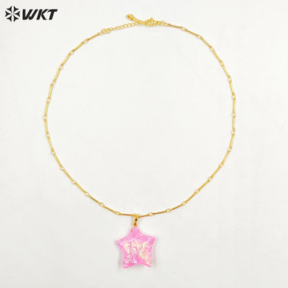 WT-N1346 WKT Best 2023 Newest Natural Pink Opal Necklace Star Shape Pendant Necklace Women Simple Hoop Aura Star Necklace