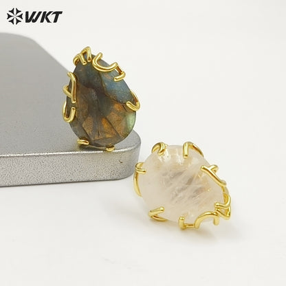 WT-R608 Wholesale Simple Style Gold Electroplated Natural Gemstones Waterdrop Shape Rings For Dance Party Matching Jewelry