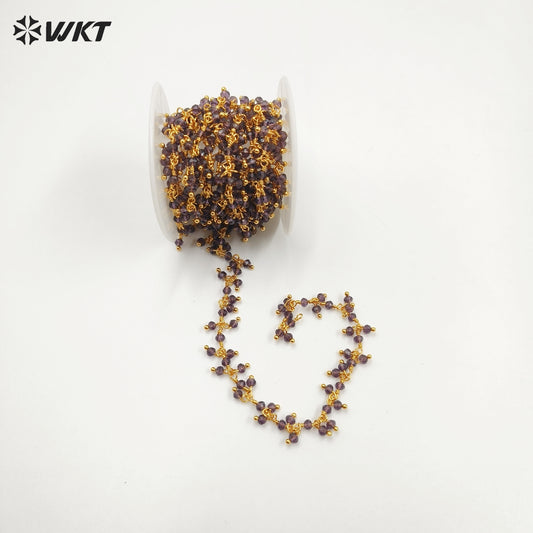 WT-RBC228 Wholesale New Fashion 18K Gold Plated Resist Tarnishable Purple Amethyst Charming Beads Chain for Necklace Design