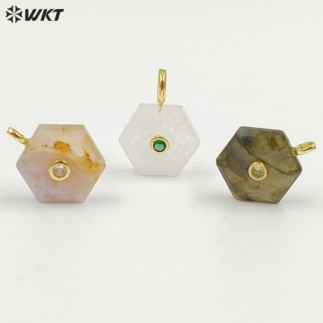 WT-P2060 Popular Trendy Round Zircon And Various Natural Gemstones Geometric Hexagon Pendants For Lady Necklace Handmade Jewelry