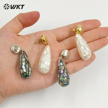 WT-MPE190 Elegant Style Gold Plated Natural Abalone And White Shell Waterdrop Shape Earrings For Lady Daily Decorative Jewelry
