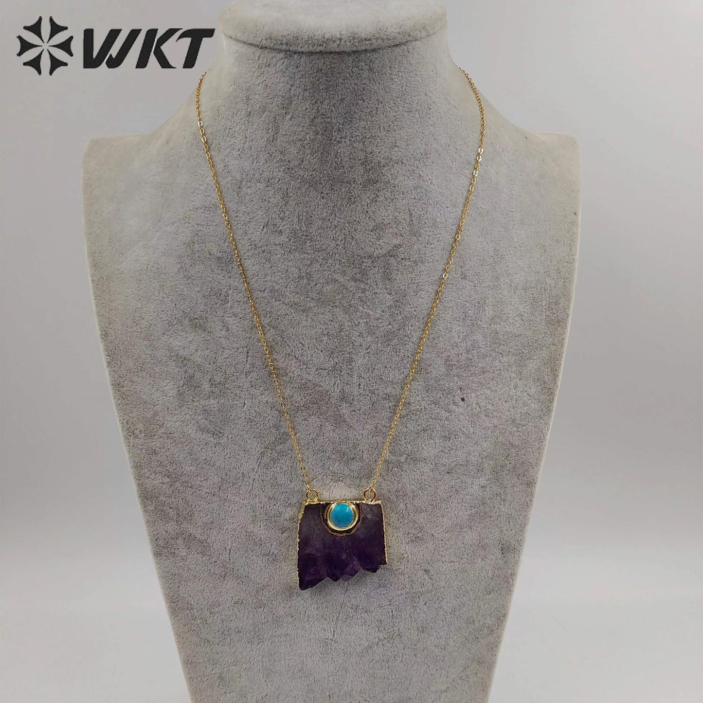WT-N411 Natural Slice Raw Amethyst Necklace With Turquoise Elements, Uraguay Purple Amethyst Necklace With Gold Plated on Edged
