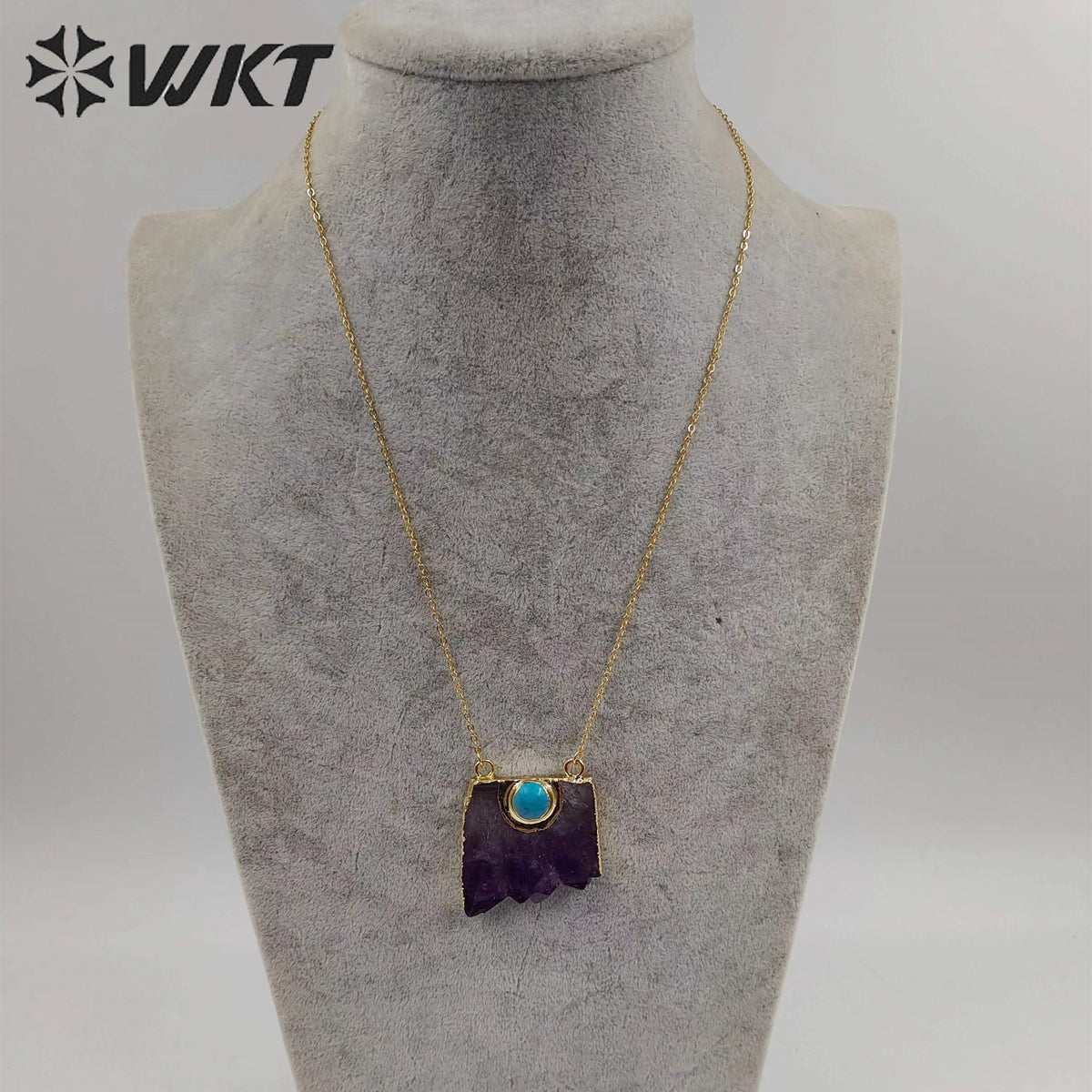 WT-N411 Natural Slice Raw Amethyst Necklace With Turquoise Elements, Uraguay Purple Amethyst Necklace With Gold Plated on Edged