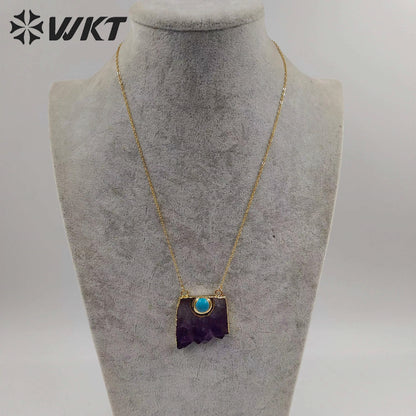 WT-N411 Natural Slice Raw Amethyst Necklace With Turquoise Elements, Uraguay Purple Amethyst Necklace With Gold Plated on Edged