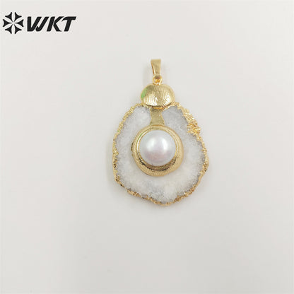 WT-P1852 Amazing Fashion Gold Trim Stalactite Stone Pendant with Druzy Quartz and Pearl Natural Stone Cut Flower Pendants