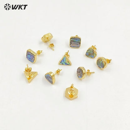 WT-E170 Wholesale Natural Abalone Shell Studs in 18k Real Gold Plated Resist Tarnished Lady Triangle Studs