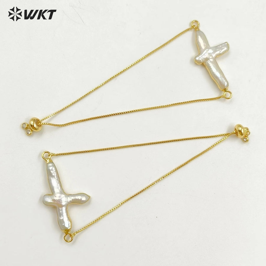WT-B341 Gorgeous Natural Cross Pearl Chain Bracelet , 24K Genuine Gold Plated Handmade Pearl Chain Bracelet for Women
