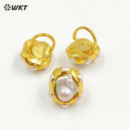 WT-MPR074 WKT Europe Gorgeous Natural Freshwater Baroque Keshi Pearl Women Anneversary Ring in 18K Real Gold Plated