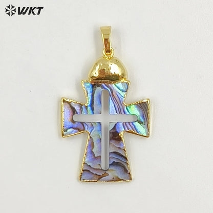 WT-JP422 Wholesale Vintage Style Natural Shell Gold Plated Cross Shape Middle Hollow Pendant For Unique Necklace Handmade
