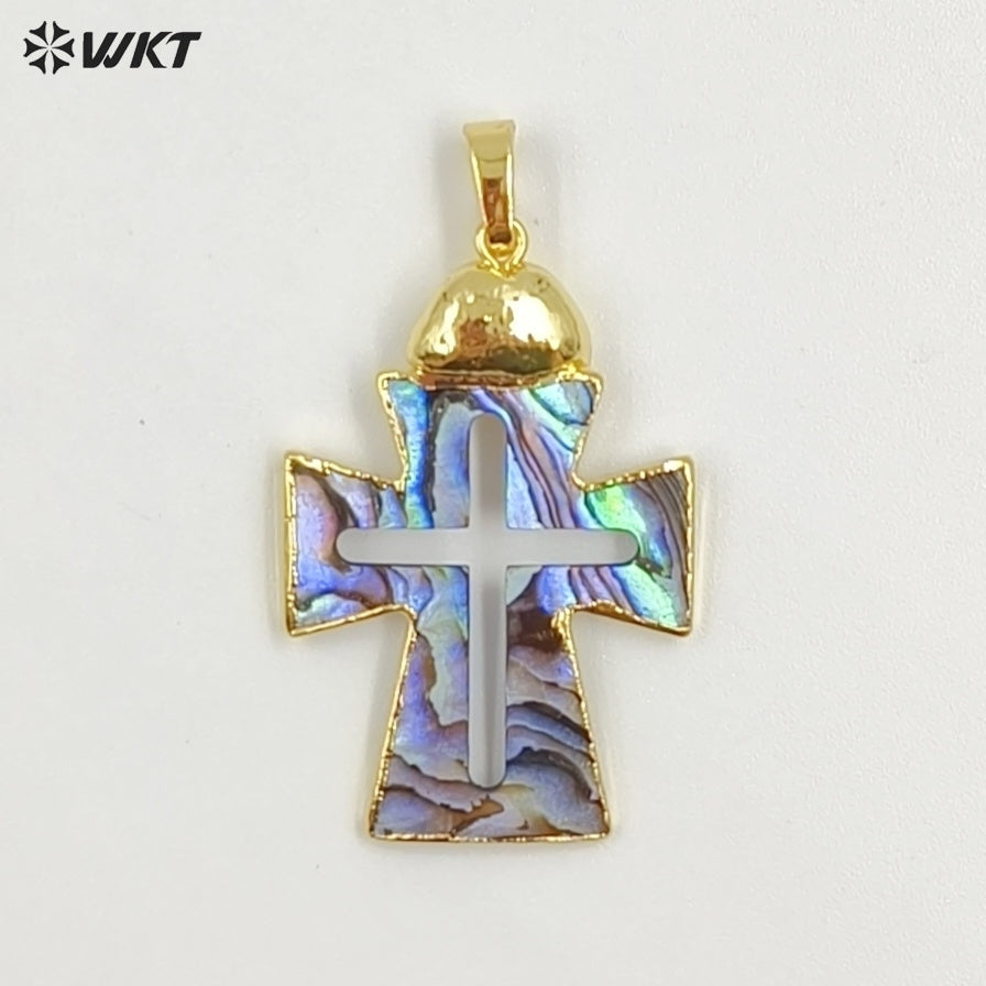 WT-JP422 Wholesale Vintage Style Natural Shell Gold Plated Cross Shape Middle Hollow Pendant For Unique Necklace Handmade