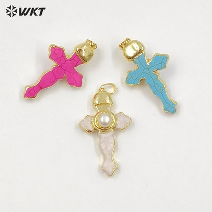WT-P2092 New Arrival Gold Plated Multi Colors Natural Turquoise Stone And Pearl Cross Charm Pendants As Lady Jewelry Accessory