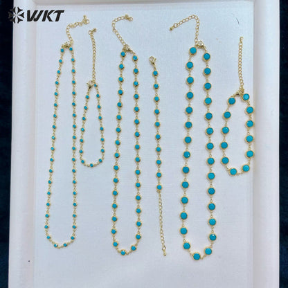 WT-JFN72 Trendy Elegant Style Gold Plated Natural Turquoise Chain Necklaces Bracelets With Different Size For Women Gift Jewelry