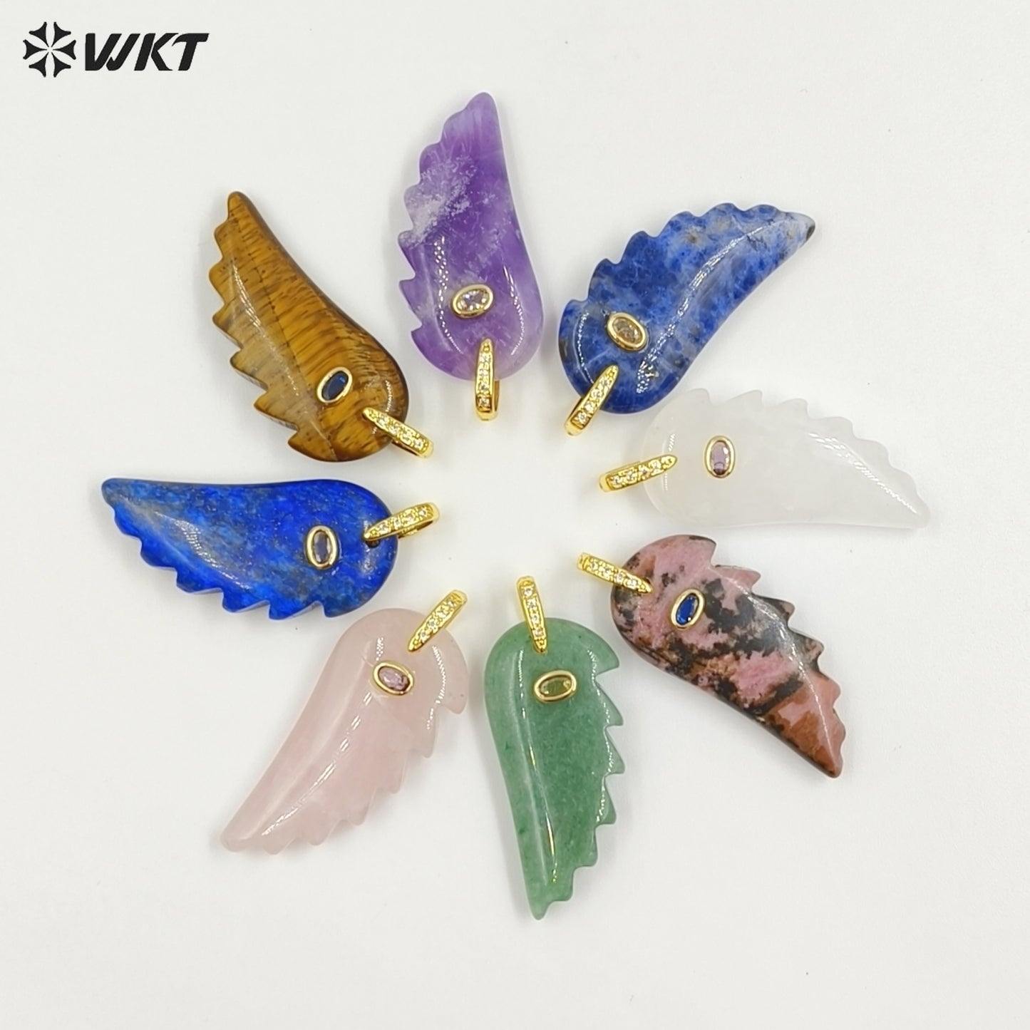 WT-P2061 Amazing Vaious Natural Gemstones And Zircon Carve Feather Shape Pendants As Female Cute Earrings DIY Accessory