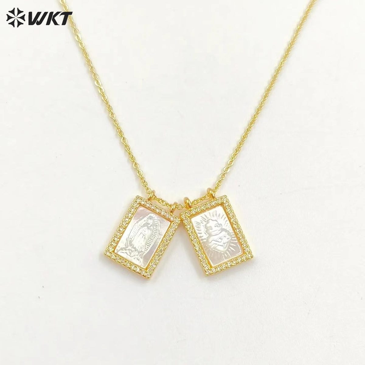 WT-JN220 Super Hot Fashion Double Charms Micropaved CZ Setting Mother of Pearl Shell Necklace 18k Gold Religion Maria Necklace