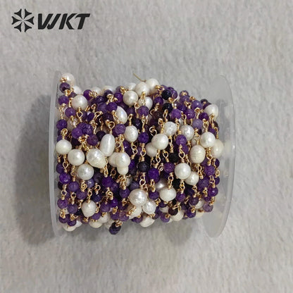 WT-RBC225 Wholesale New Arrival Exquisite Brass Chain Gold Plated Stone & Pearl Shell Shape Sell by Meter Handmade Metal Chain
