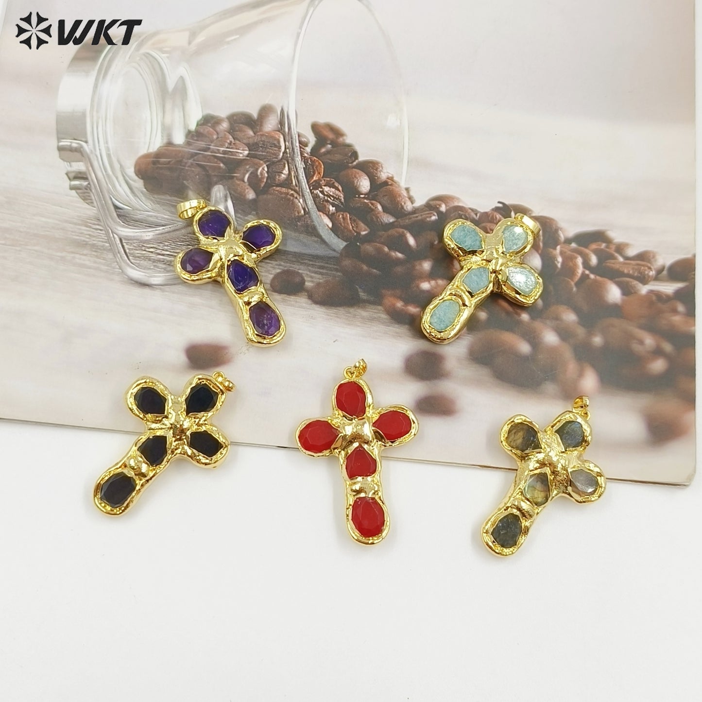WT-P2045 Popular Sale Back Full Gold Electroplated Turquoise Natural Gemstones Cross Pendants As Fashion Necklace DIY Findings