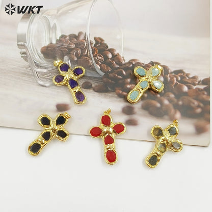 WT-P2045 Popular Sale Back Full Gold Electroplated Turquoise Natural Gemstones Cross Pendants As Fashion Necklace DIY Findings