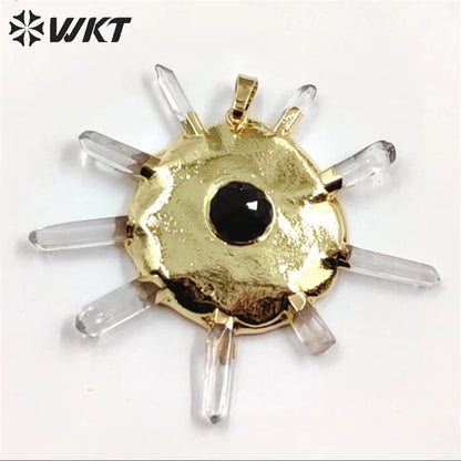 WT-P1884 WKT New Design Fashion Crown Shape Crystal Quartz Pendant Boho Women Round Wheel Stone Pendant for Necklace