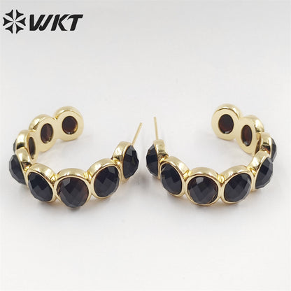 WT-E707 Amazing Fashion Women Natural Gemstone Setting Letter C Crescent Horn Earrings Lady Anniversary Earrings