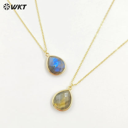 WT-N586 Wholesale Lovely Chic Labradorite Stone Necklace, Fashion Gold Bezel Drop Charm Stone Necklace