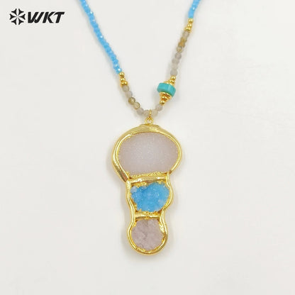 WT-N1452 Amazing Flame Color 3mm Beads Hand Strand With Natural Druzy Quartz Stone Pendant Fashion Boho Women Necklace