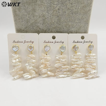 WT-E498 Irregular Shape Pearl Earring Stud With Long Bar Pearl Random Size Jewelry Natural Freshwater Pearl Earring
