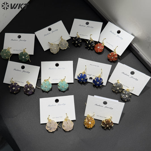 WT-E799 Popular Sale Gold Plated Zircon And Multi Natural Gemstones Flower Shape Pendant Earrings As Women Birthday Gifts