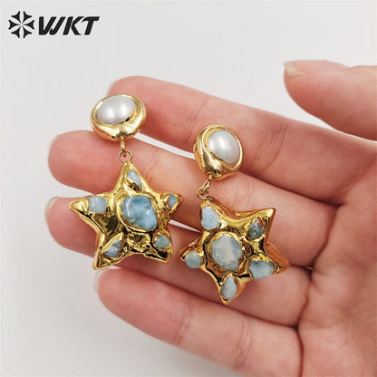 WKT-E674 Amazing Fashion Gold Plated Natural Blue Ocean jasper Stone Earrings Women Charming Dangle Star Pearl Earrings
