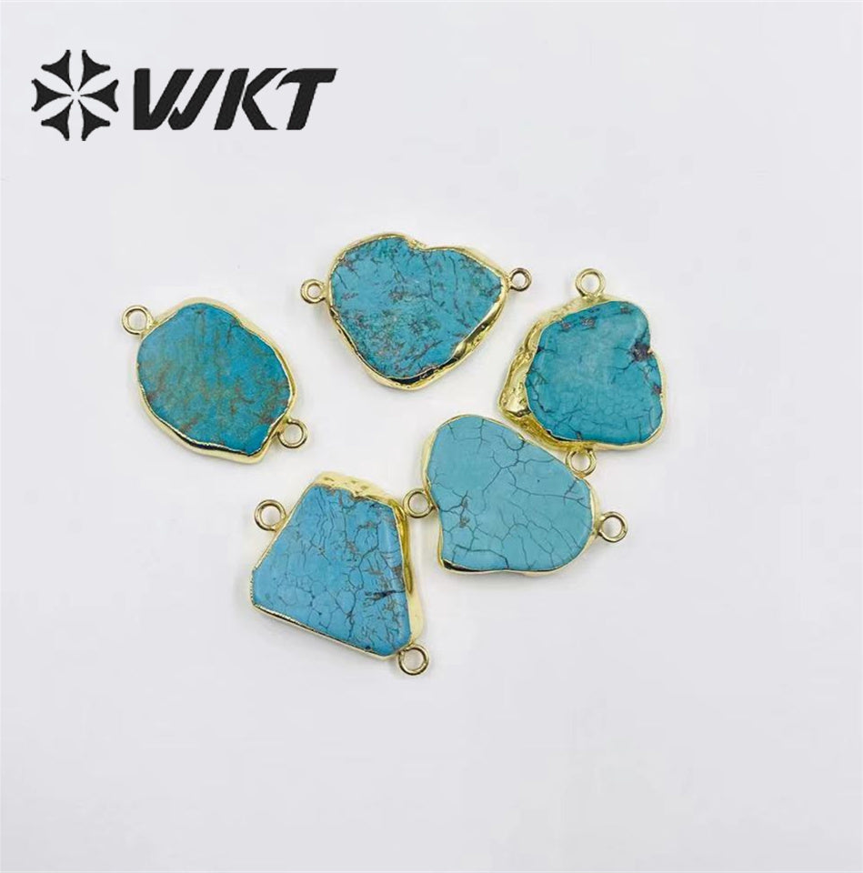 WT-C023 Newest Natural Slice Turquoise Gemstone Pendants With 24k Gold Edge Double Loops Green Howlite Stone Connectors