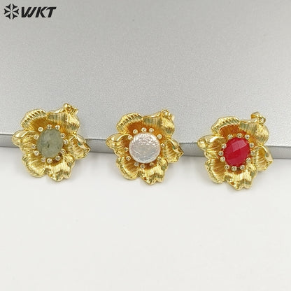 WT-P2049 Amazing Gold Plated Zircon And Multi Colors Natural Gemstones Flower Shape Pendants For Necklace Making Findings