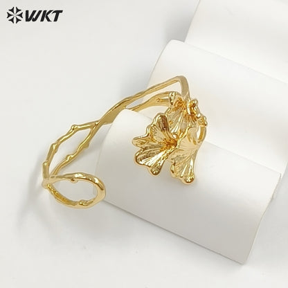 WT-JF383 Wonderful Design 18K Gold Plated Yellow Brass Leaf Shape Metal Cuff Bangle For Women Elegant Summer Decorative Jewelry