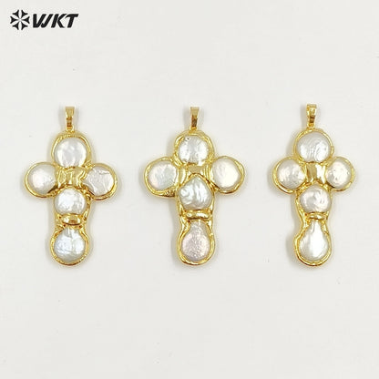 WT-JP421 Wholesale Back Full Gold Electroplated Round Natural Freshwater Pearls Cross Shape Pendant For Women Luxury Jewelry DIY
